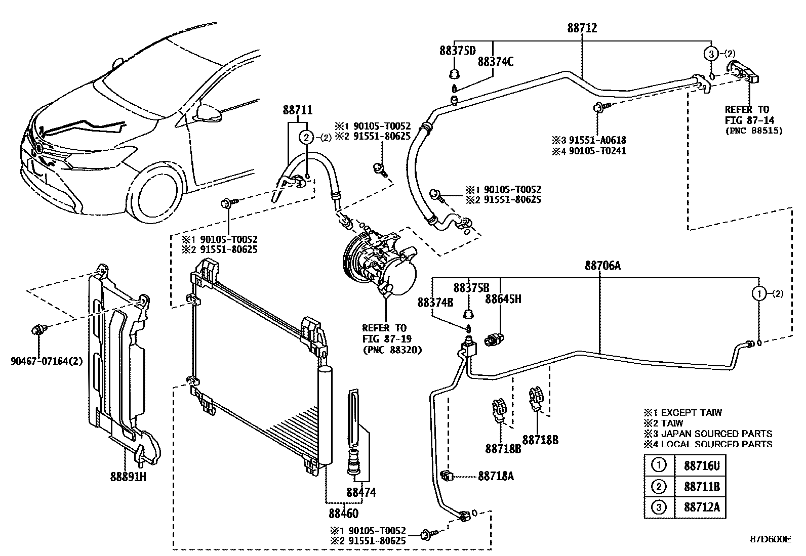 Toyota YARIS Heating & Air Conditioning - Cooler Piping EPC diagram — 87D600E