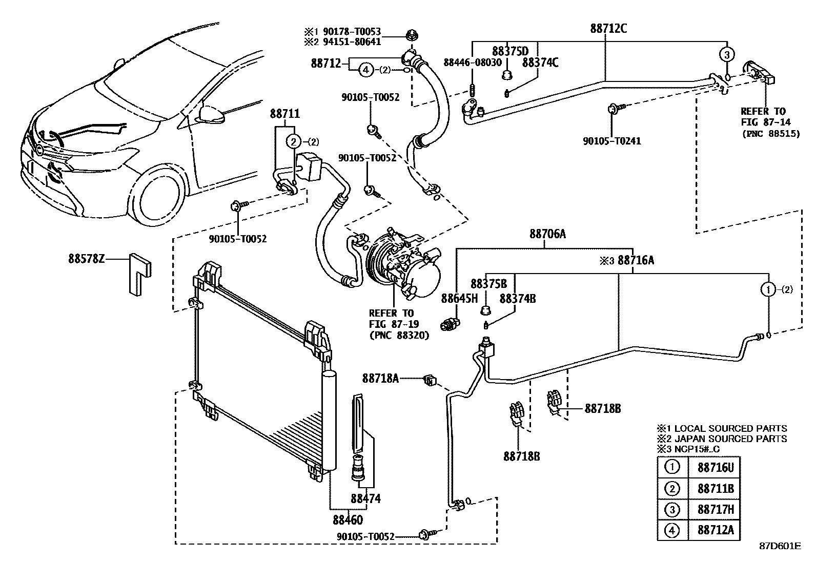 Toyota YARIS Heating & Air Conditioning - Cooler Piping EPC diagram — 87D601E