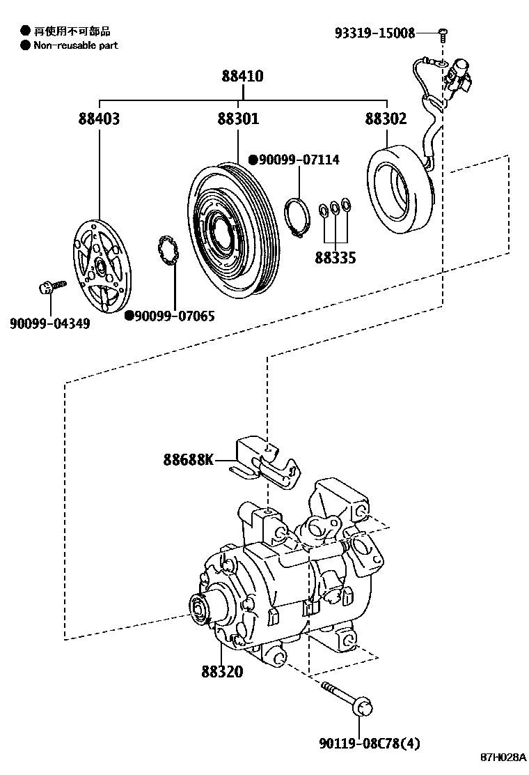 Toyota YARIS Heating & Air Conditioning - Compressor EPC diagram — 87H028A
