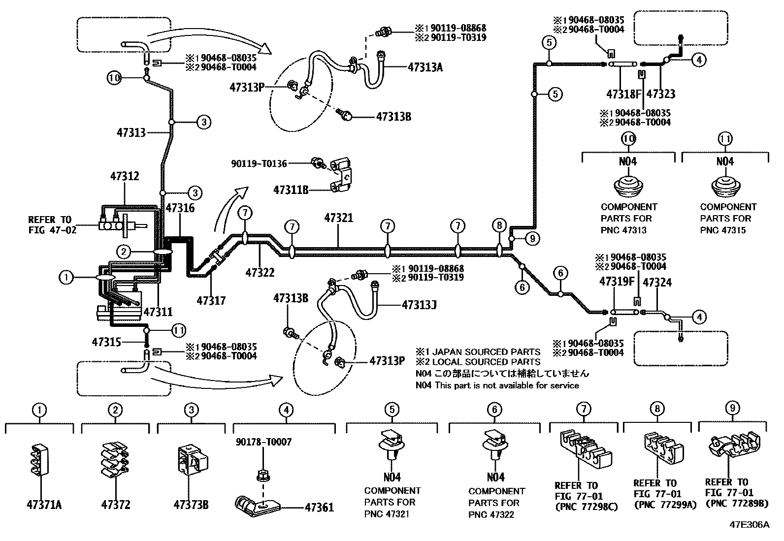 Toyota YARIS 制动配管和卡箍 EPC diagram — 47E306A