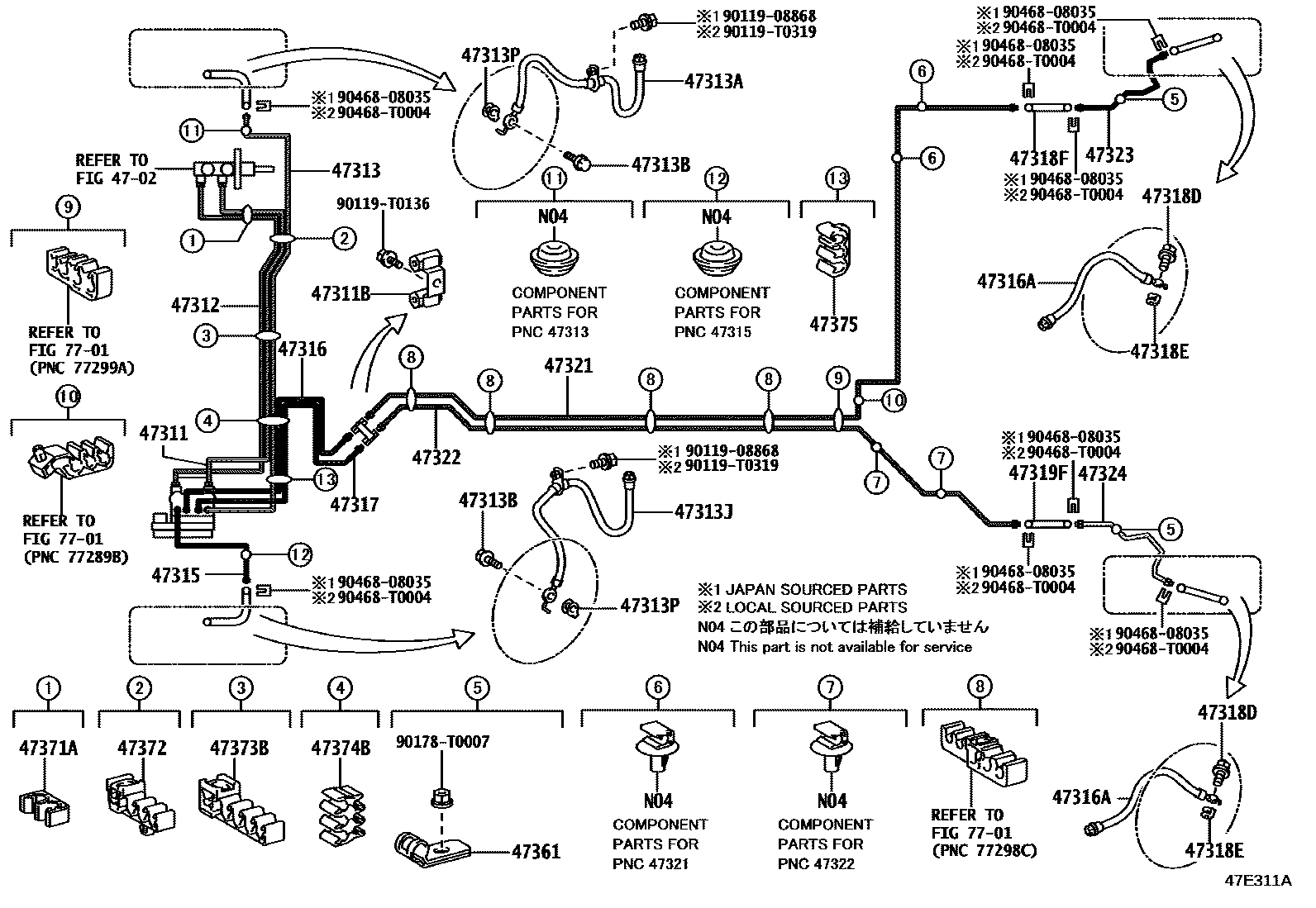 Toyota YARIS 制动配管和卡箍 EPC diagram — 47E311A
