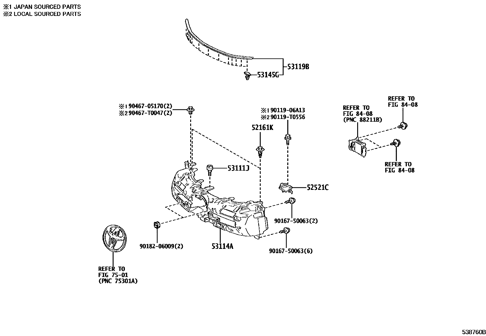 Toyota YARIS radiator grille EPC diagram — 538760B