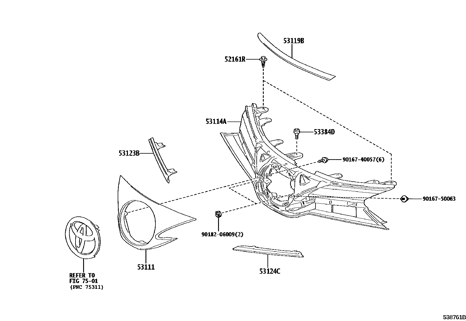 Toyota YARIS radiator grille EPC diagram — 538761B