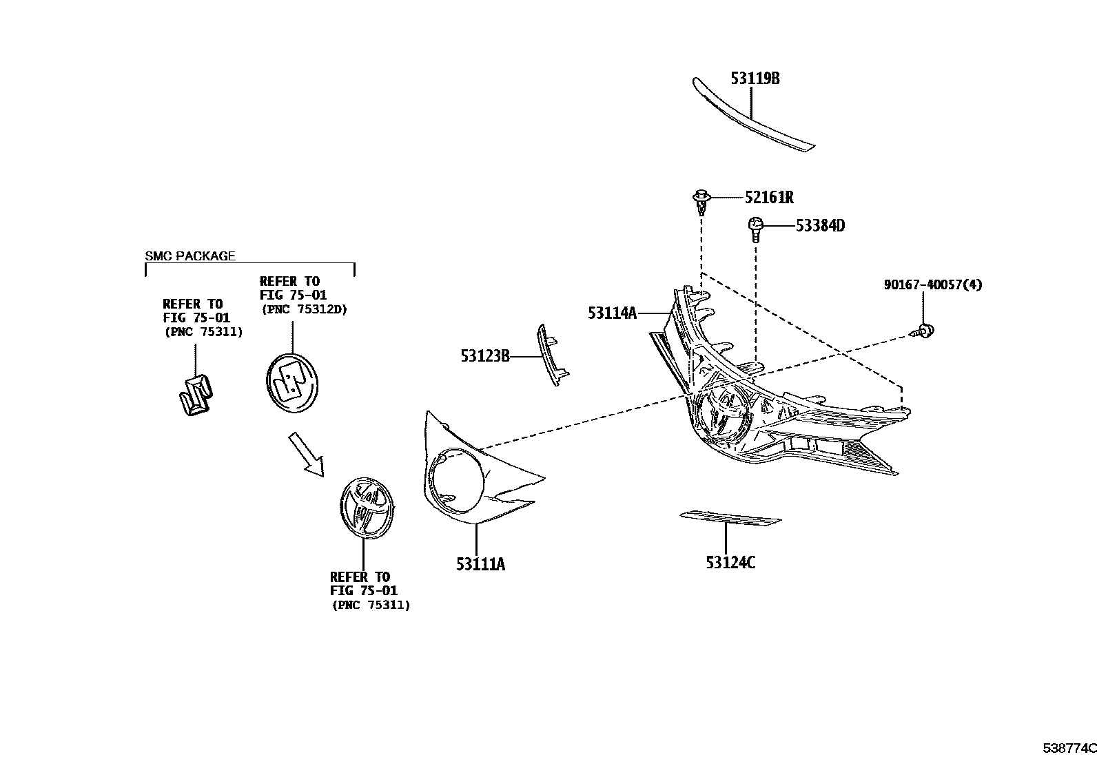 Toyota YARIS radiator grille EPC diagram — 538774C