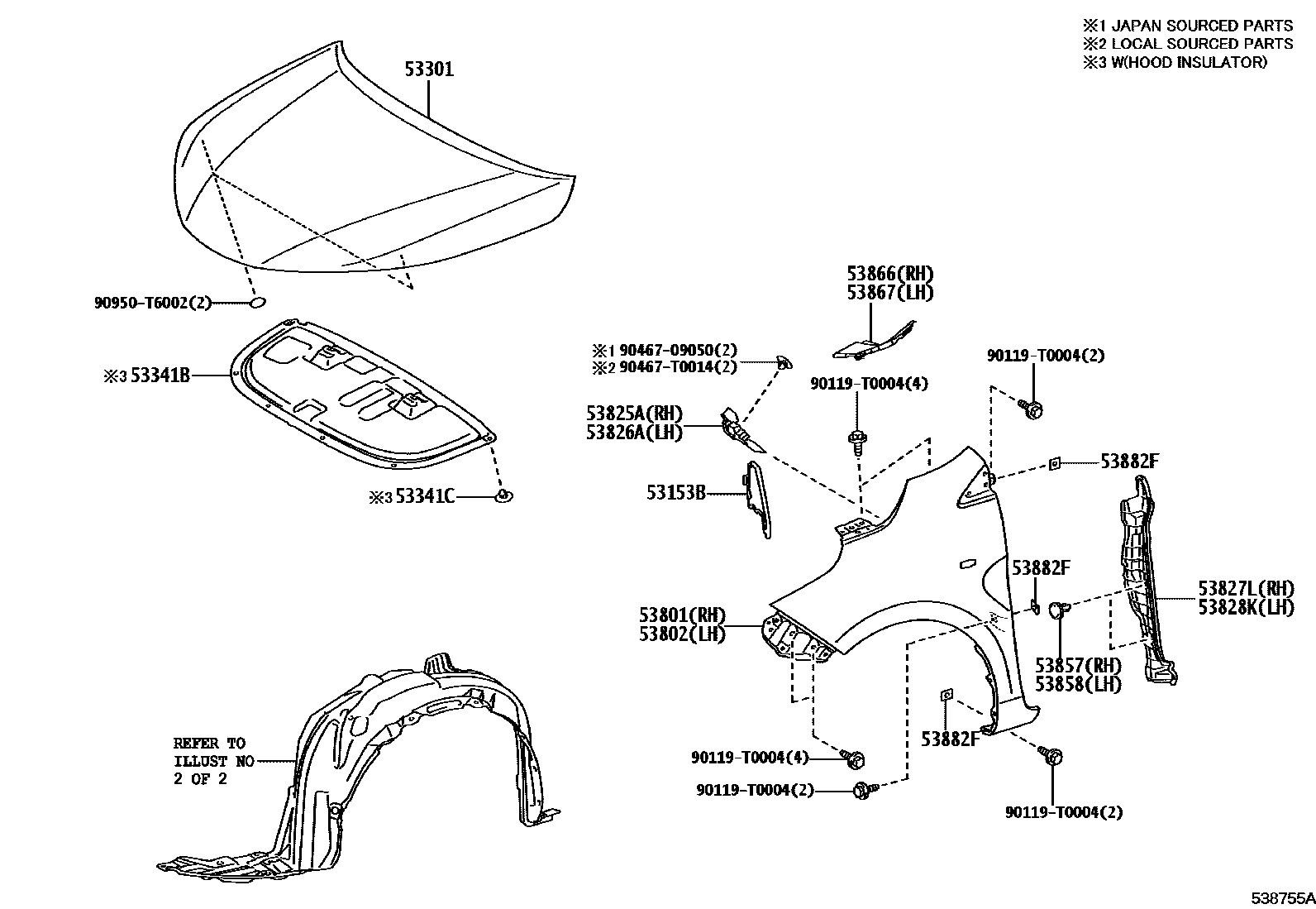 Toyota YARIS 发动机盖和前翼子板 EPC diagram — 538755A