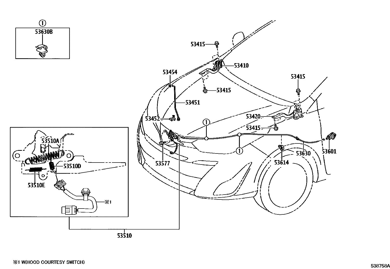 Toyota YARIS 发动机盖锁和铰链 EPC diagram — 538758A