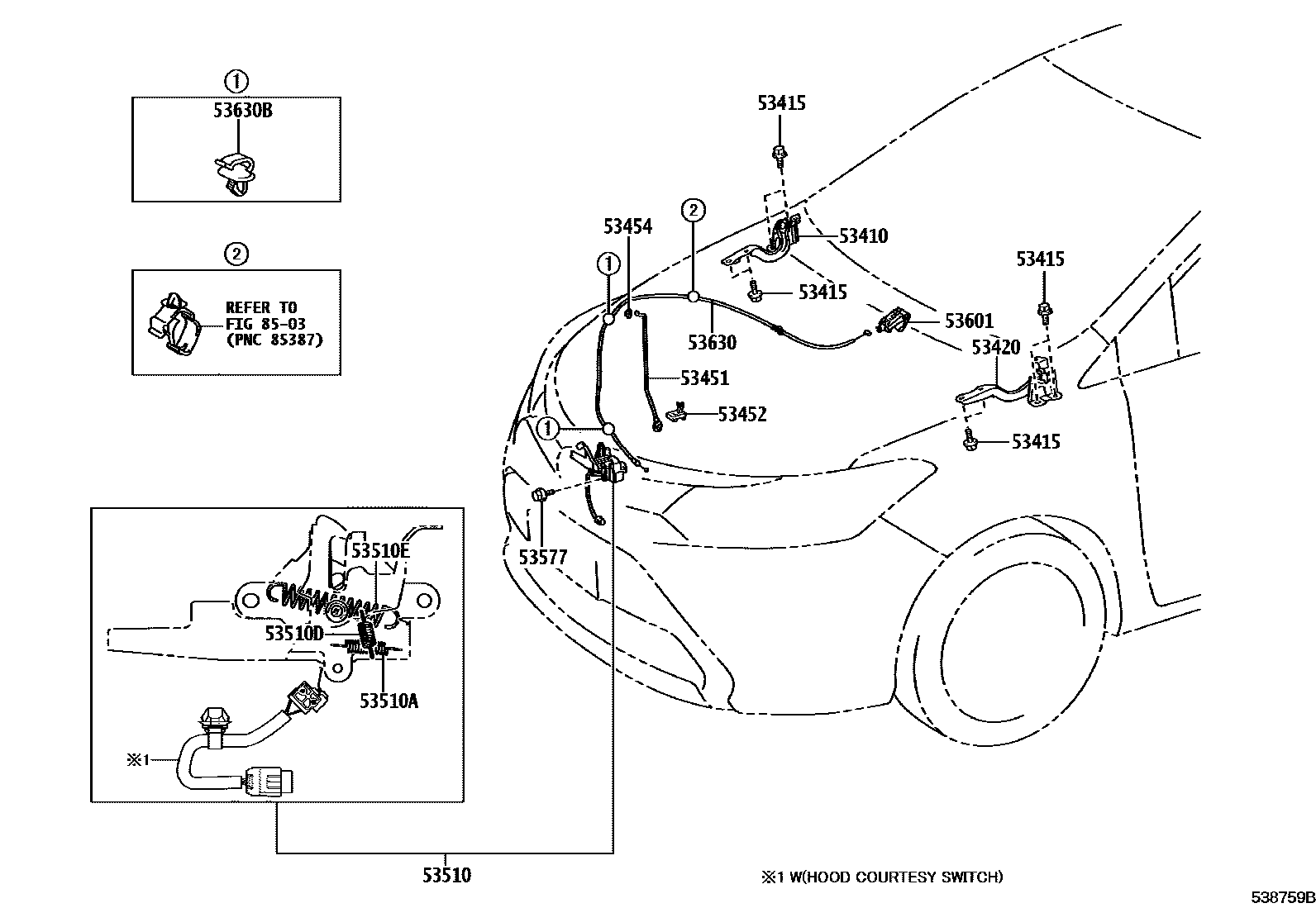 Toyota YARIS 发动机盖锁和铰链 EPC diagram — 538759B