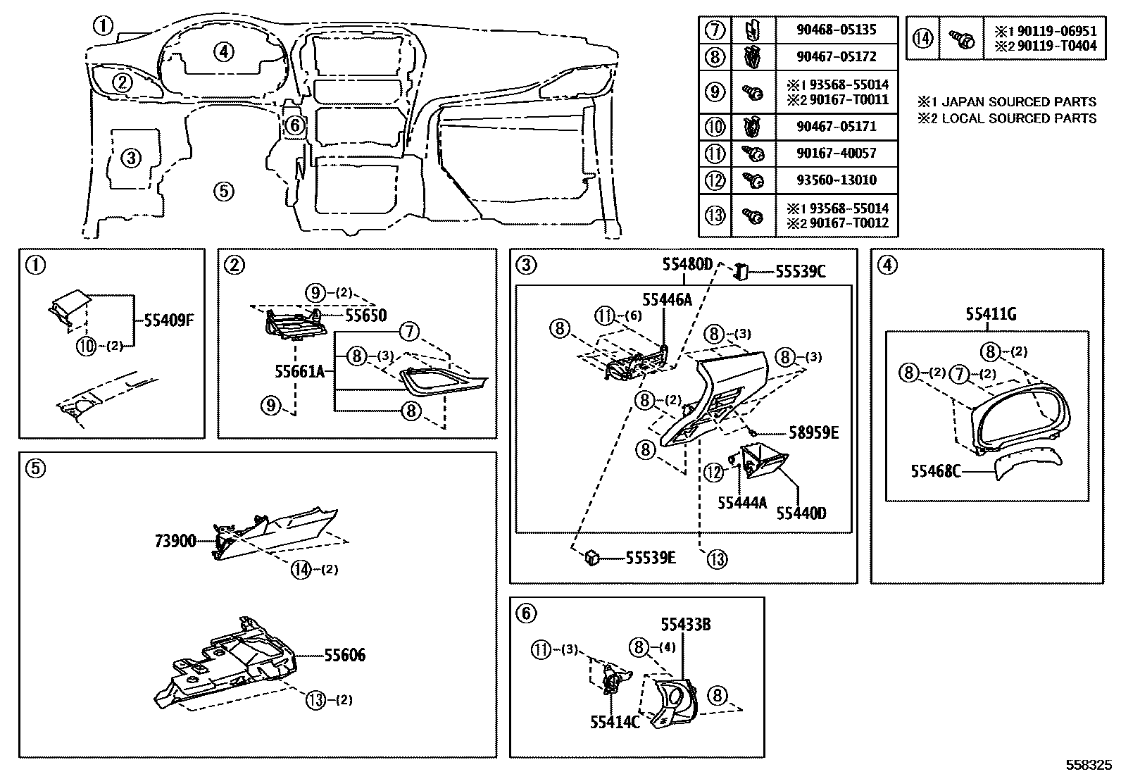 Toyota YARIS 仪表板和手套箱 EPC diagram — 558325