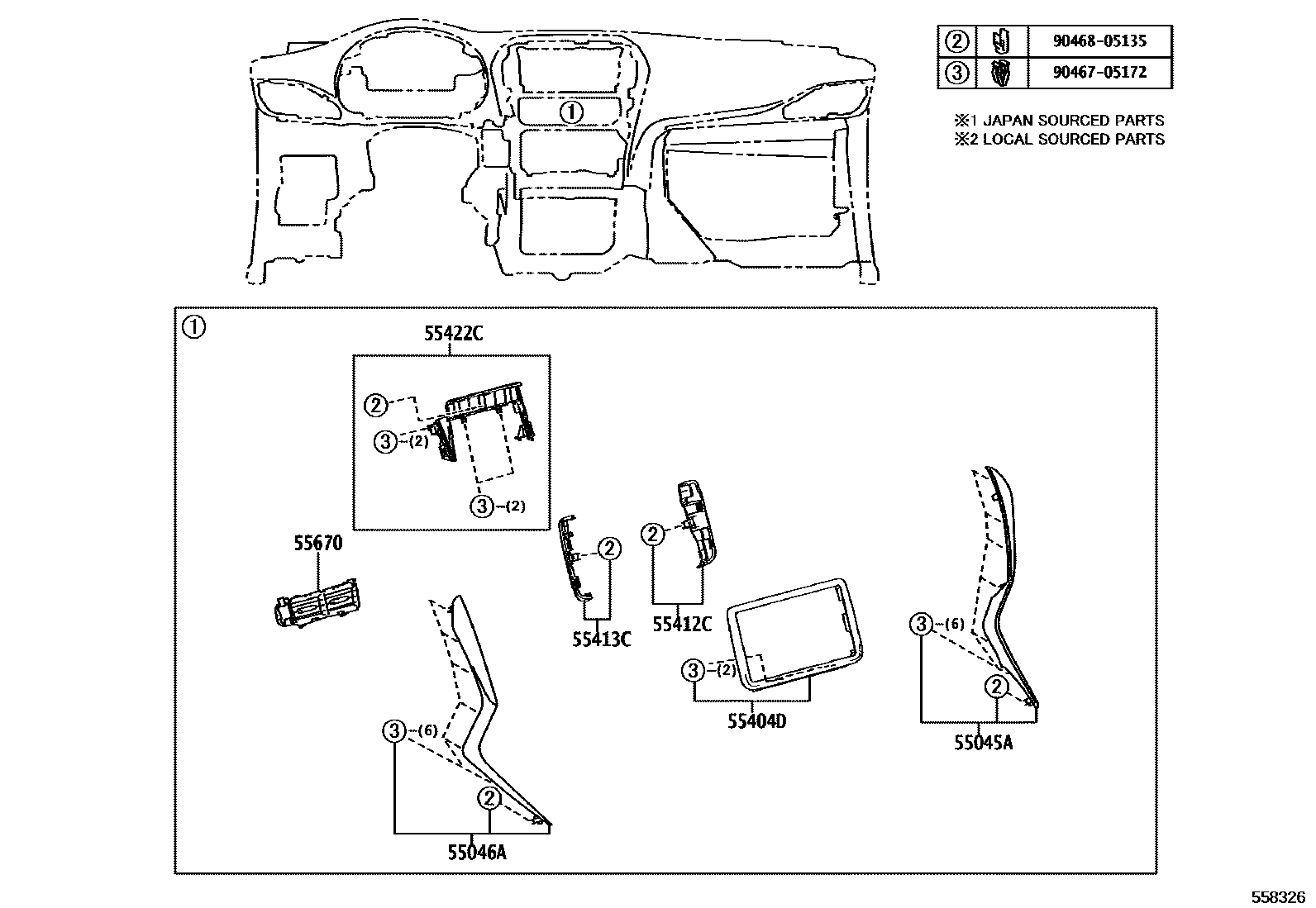 Toyota YARIS 仪表板和手套箱 EPC diagram — 558326