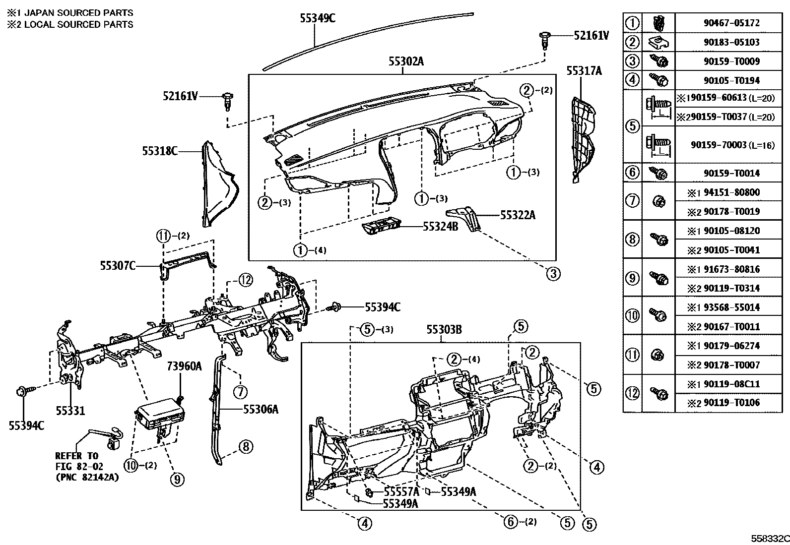 Toyota YARIS 仪表板和手套箱 EPC diagram — 558332C