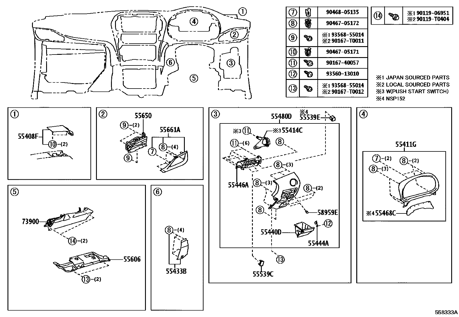 Toyota YARIS 仪表板和手套箱 EPC diagram — 558333A