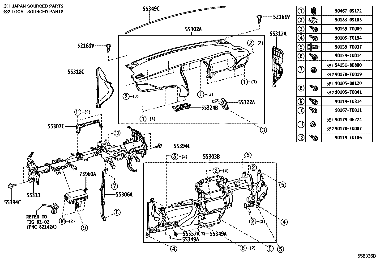 Toyota YARIS 仪表板和手套箱 EPC diagram — 558336B