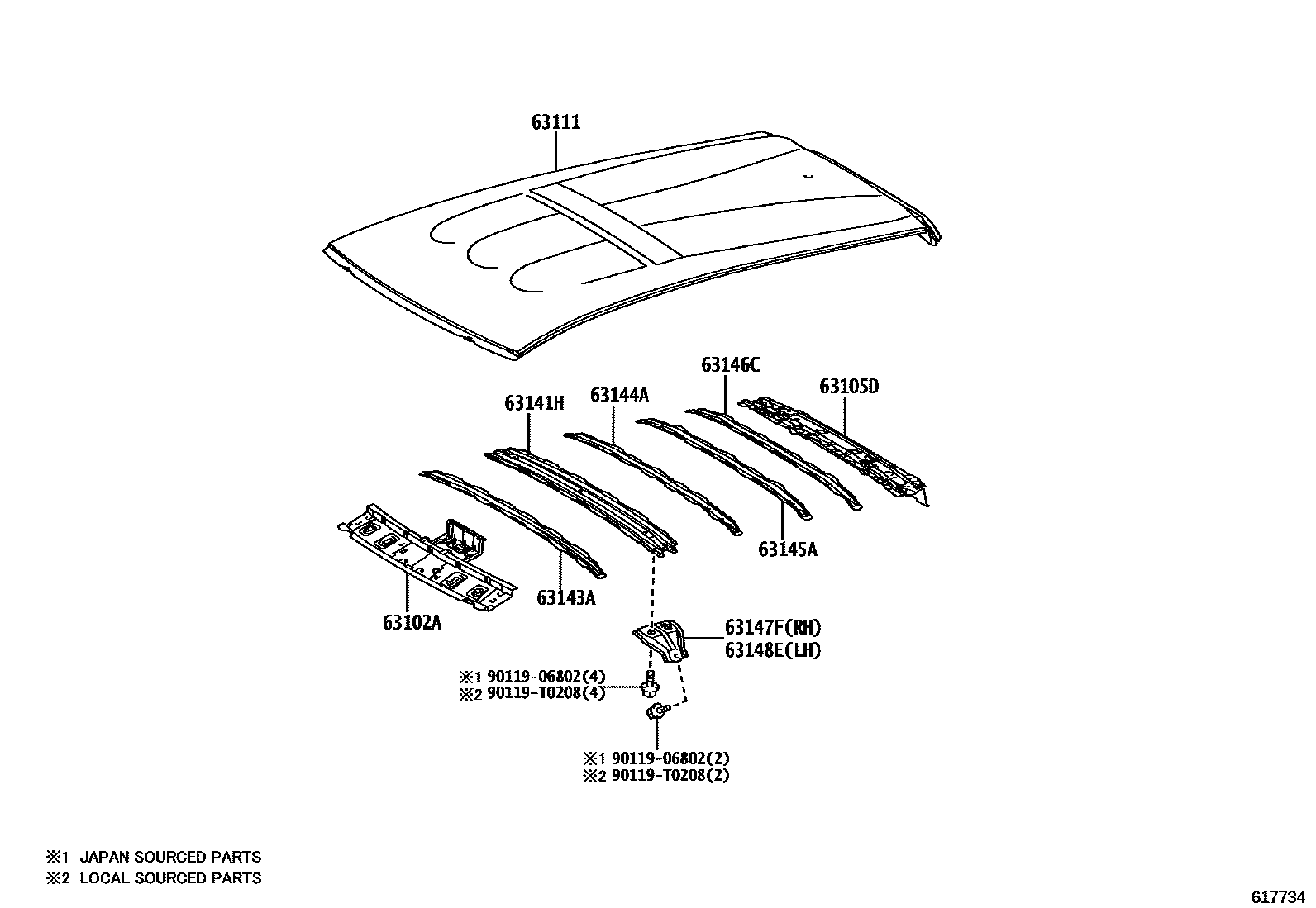 Toyota YARIS 天窗板和背窗玻璃 EPC diagram — 617734
