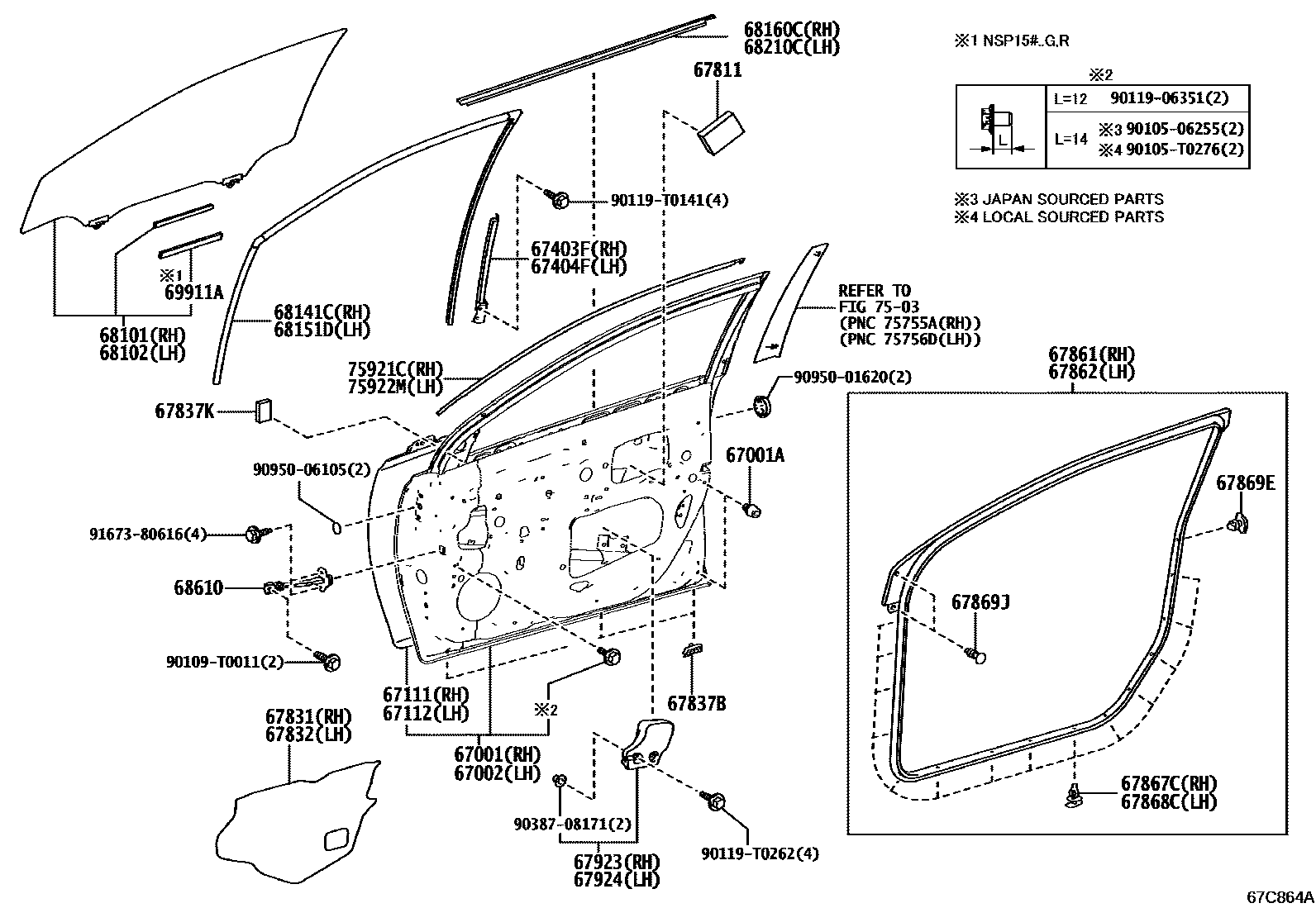 Toyota YARIS 前门板和前门玻璃 EPC diagram — 67C864A