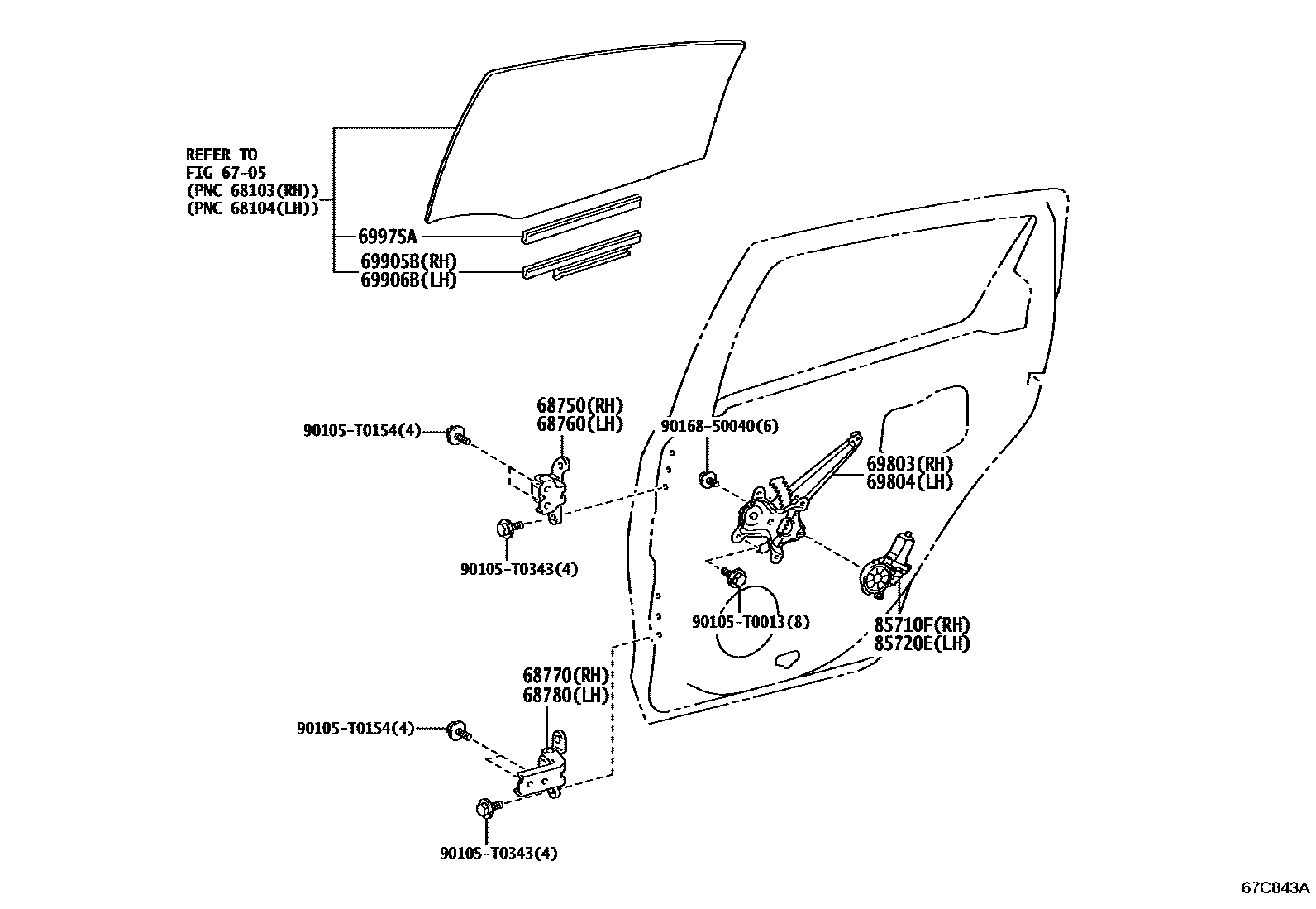 Toyota YARIS 后门车窗升降器和合页 EPC diagram — 67C843A