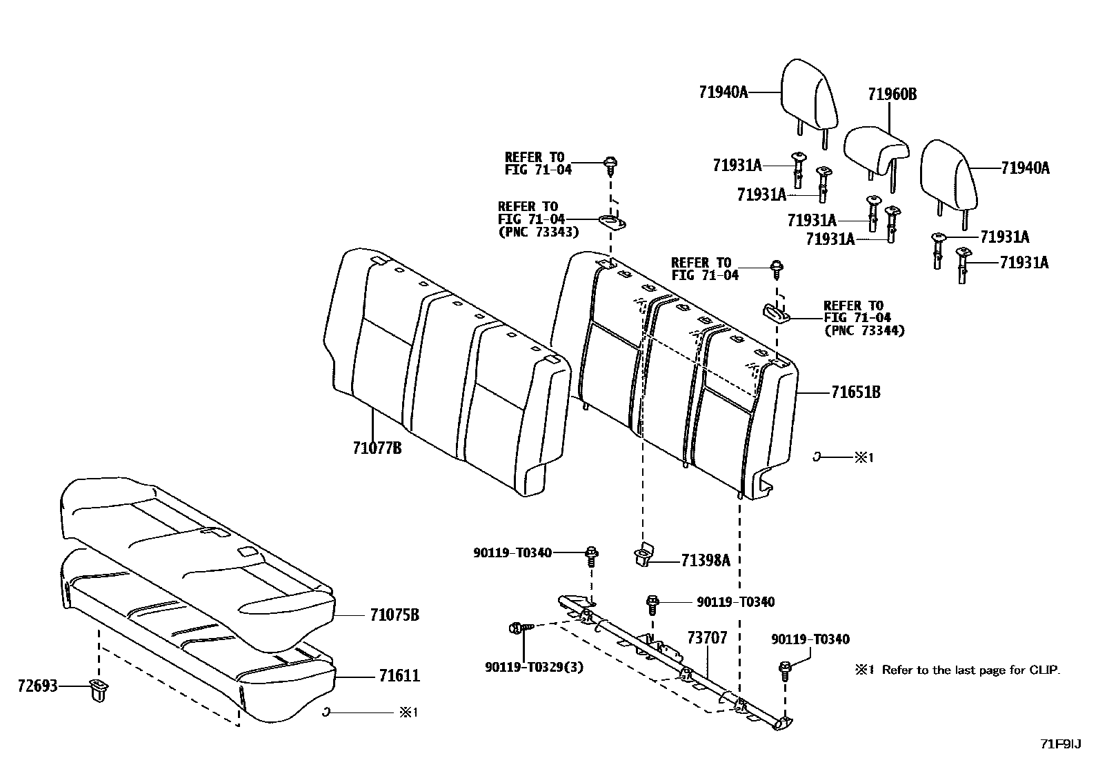 Toyota YARIS 后排座椅和座椅滑轨 EPC diagram — 71F9IJ
