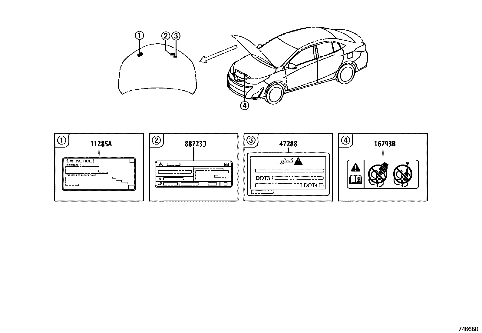 Toyota YARIS 警示铭牌(车外和车内) EPC diagram — 746660
