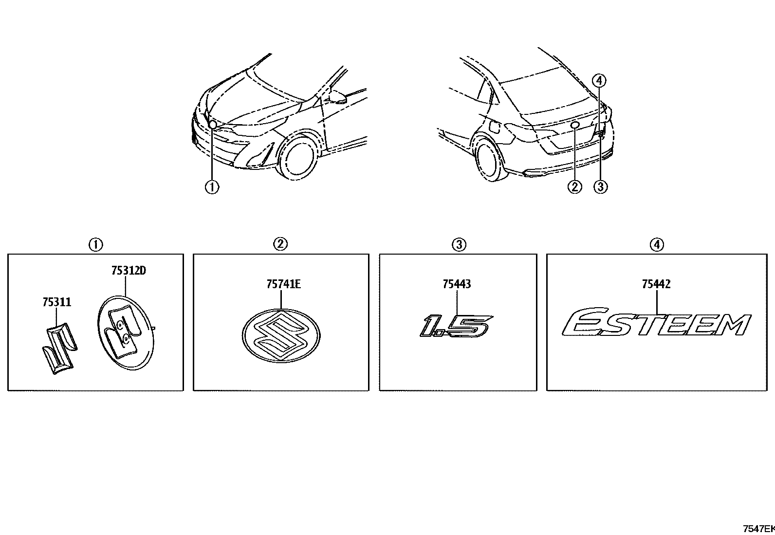 Toyota YARIS 丰田徽标和铭牌(车外和车内) EPC diagram — 7547EK