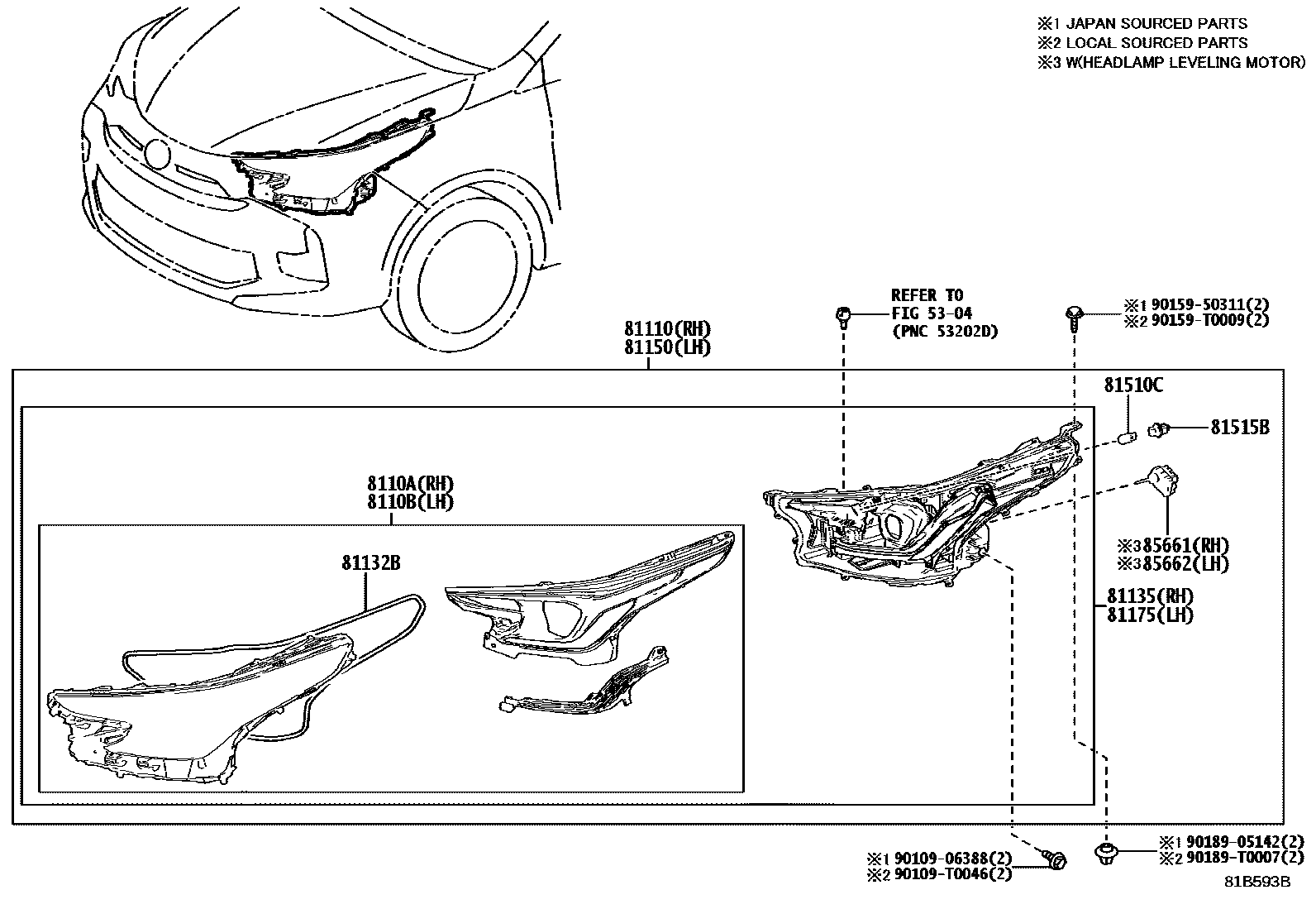 Toyota YARIS Headlamp EPC diagram — 81B593B