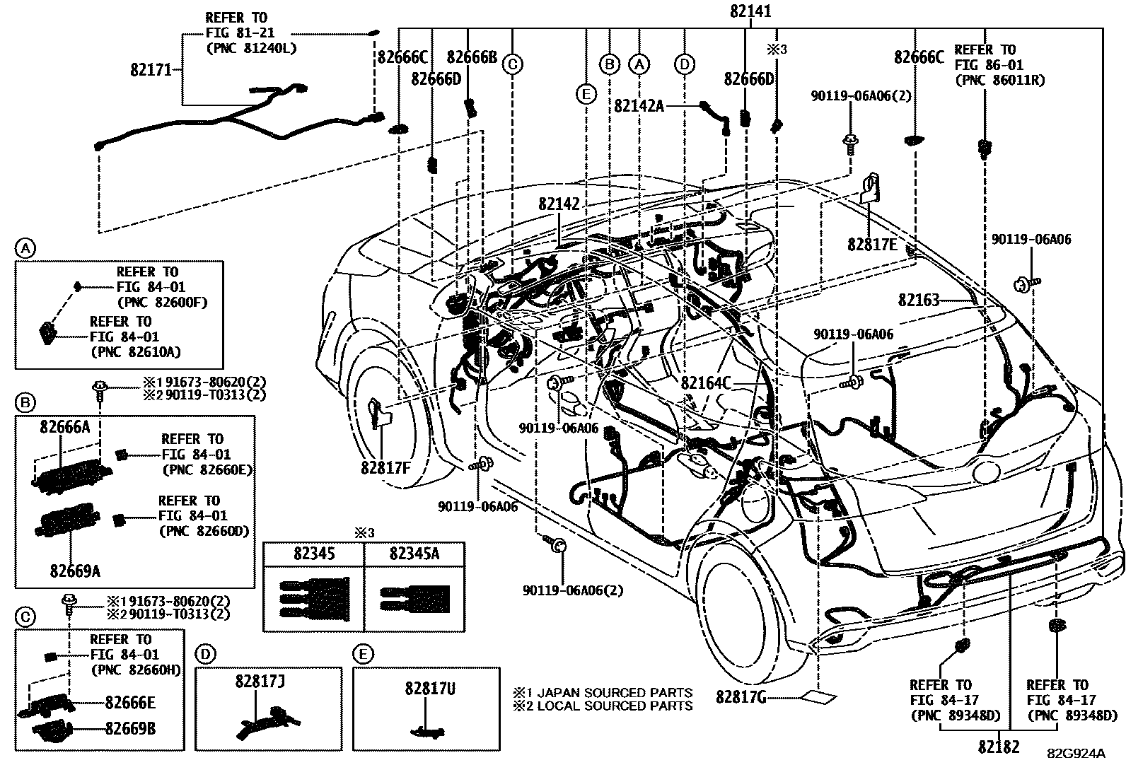 Toyota YARIS 线束和卡夹 EPC diagram — 82G924A