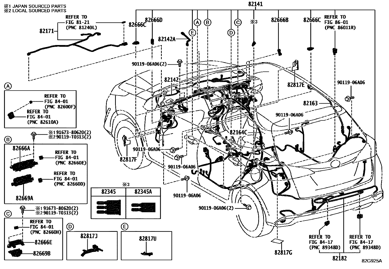 Toyota YARIS 线束和卡夹 EPC diagram — 82G925A