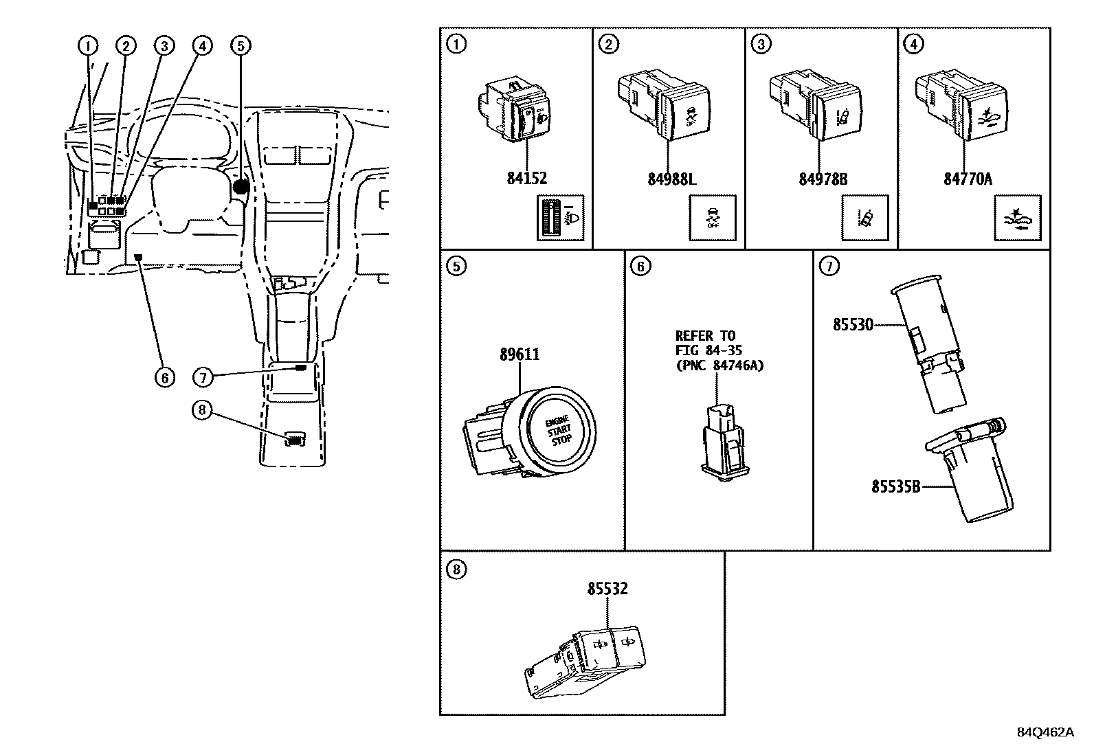 Toyota YARIS 开关和继电器和ECU EPC diagram — 84Q462A
