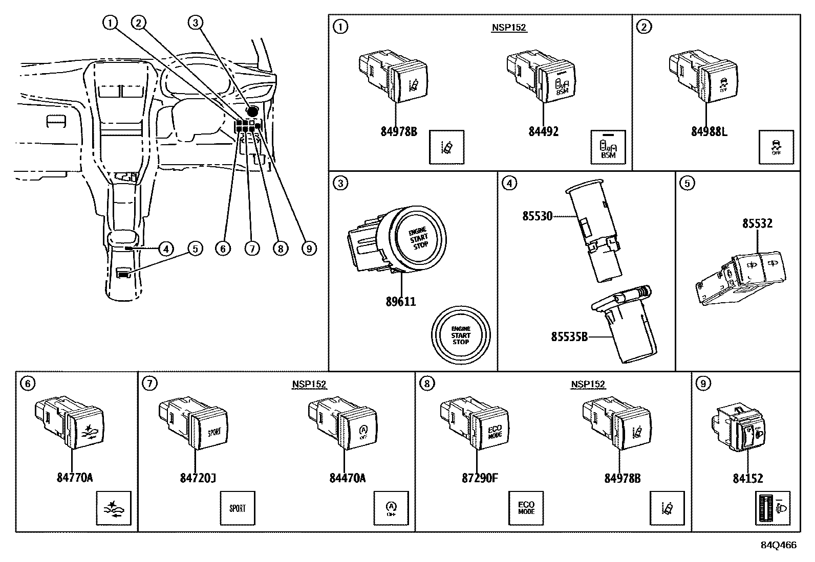 Toyota YARIS 开关和继电器和ECU EPC diagram — 84Q466