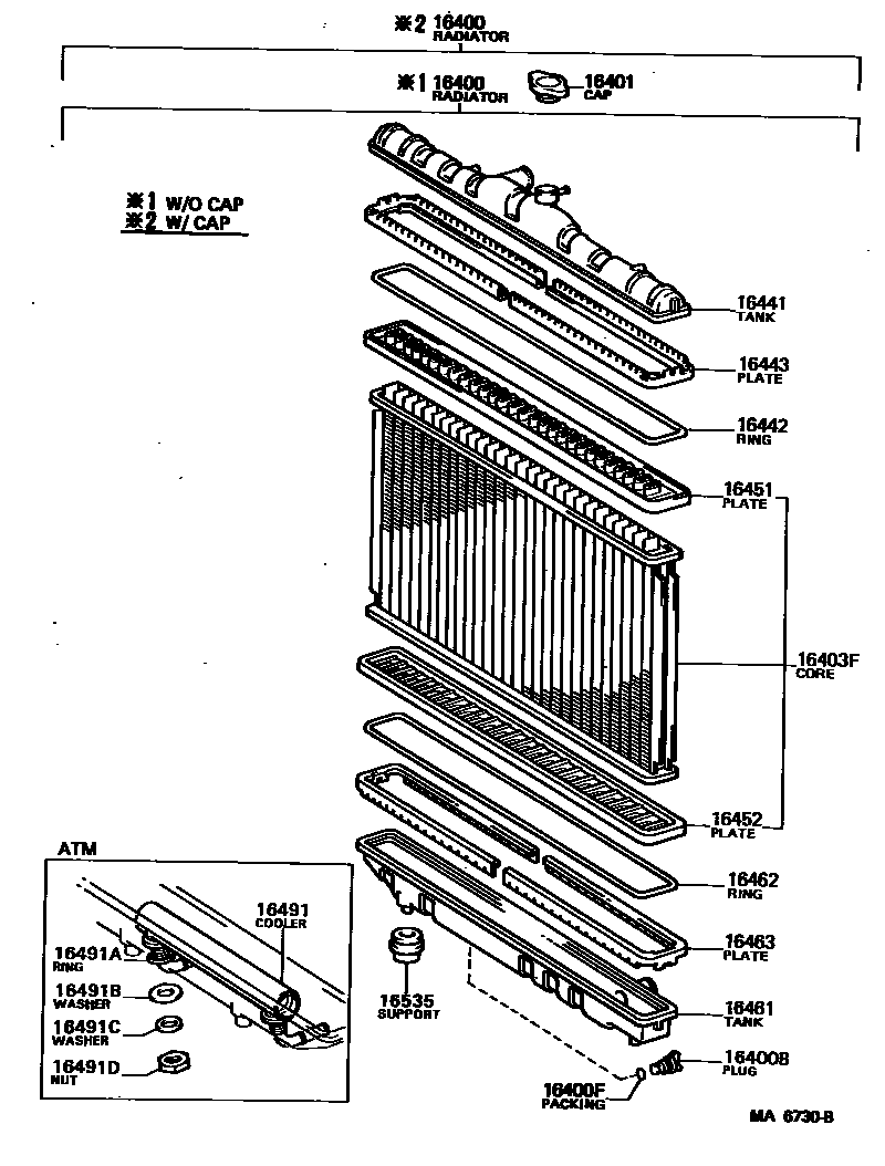 Toyota COROLLA RADIATOR & WATER OUTLET EPC diagram — MA6730B