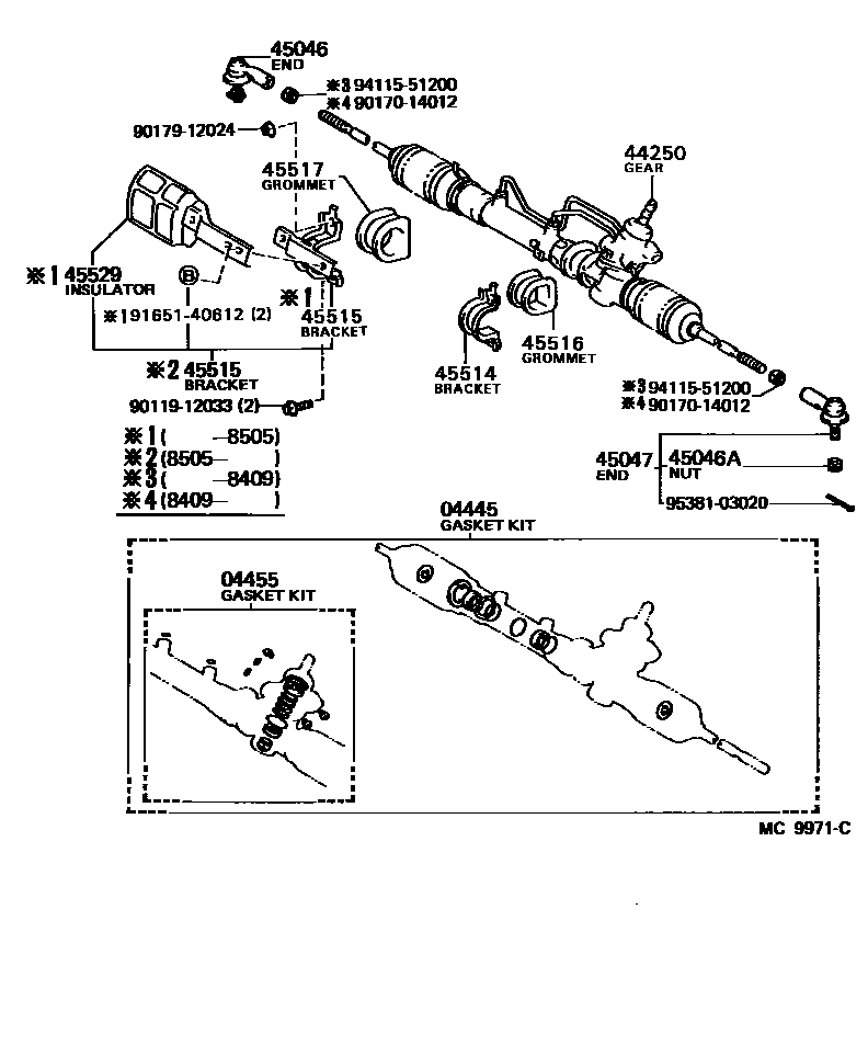 Toyota COROLLA 前转向齿轮和连杆 EPC diagram — MC9971C