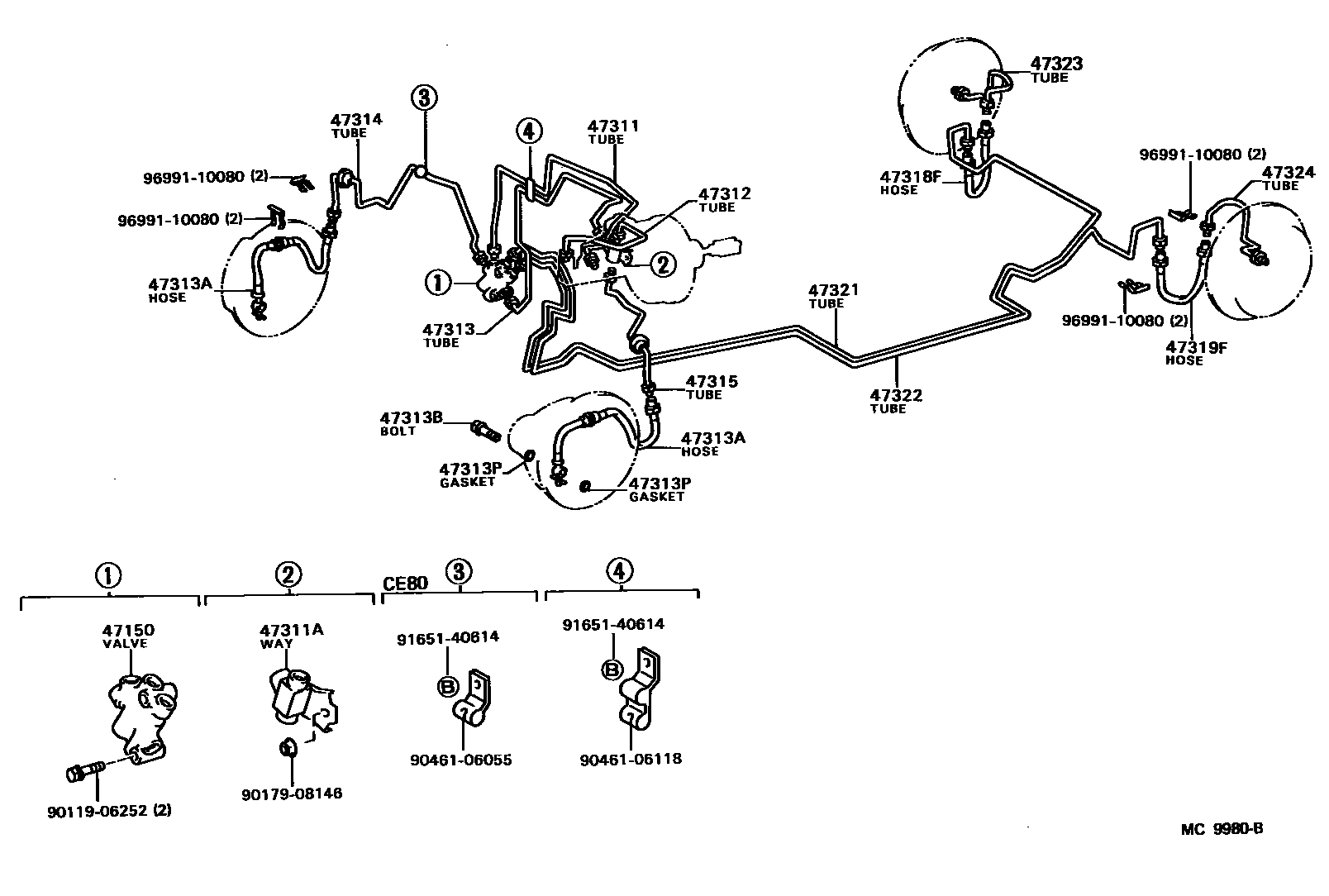 Toyota COROLLA 制动配管和卡箍 EPC diagram — MC9980B