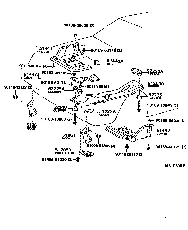 Toyota COROLLA 悬架横梁和发动机底罩 EPC diagram — MBF398B