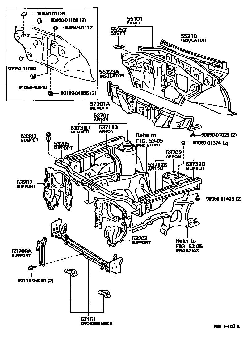 Toyota COROLLA 前翼子板挡泥板和前围板 EPC diagram — MBF402B