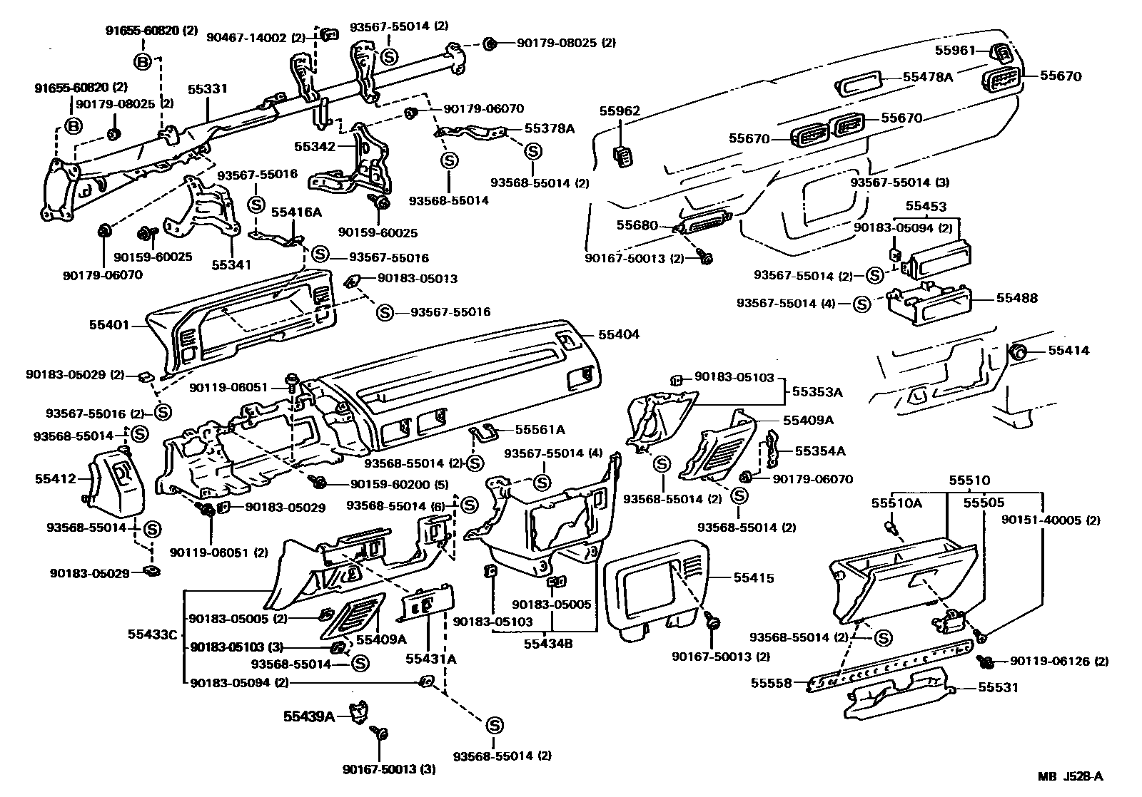 Toyota COROLLA 仪表板和手套箱 EPC diagram — MBJ528A