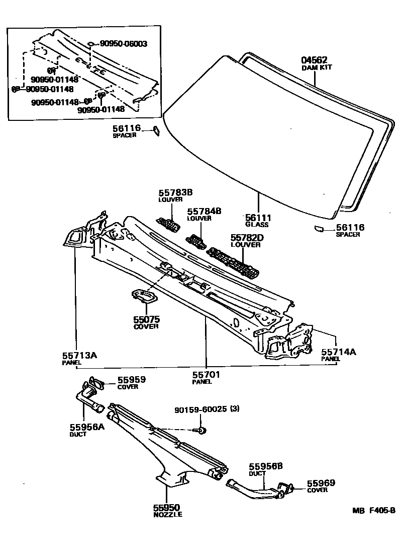 Toyota COROLLA 前围板和挡风玻璃 EPC diagram — MBF405B