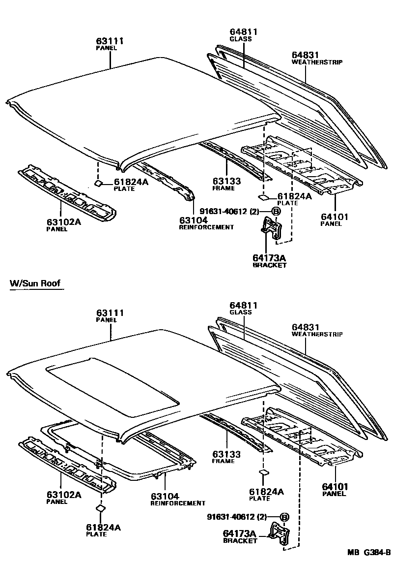 Toyota COROLLA 天窗板和背窗玻璃 EPC diagram — MBG384B