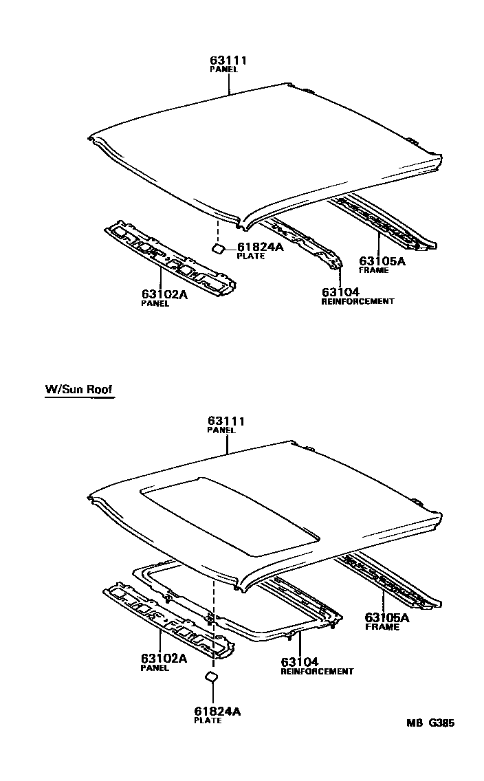 Toyota COROLLA 天窗板和背窗玻璃 EPC diagram — MBG385
