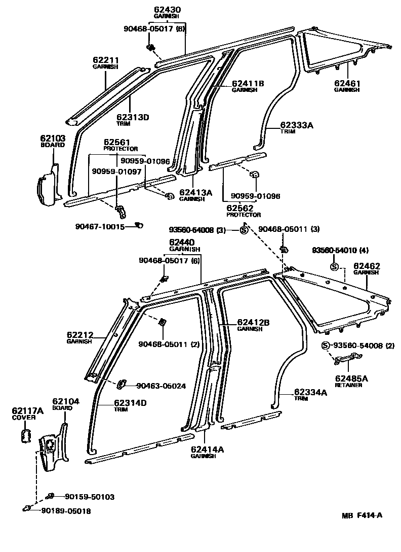 Toyota COROLLA 内饰板和车门防水胶条 EPC diagram — MBF414A