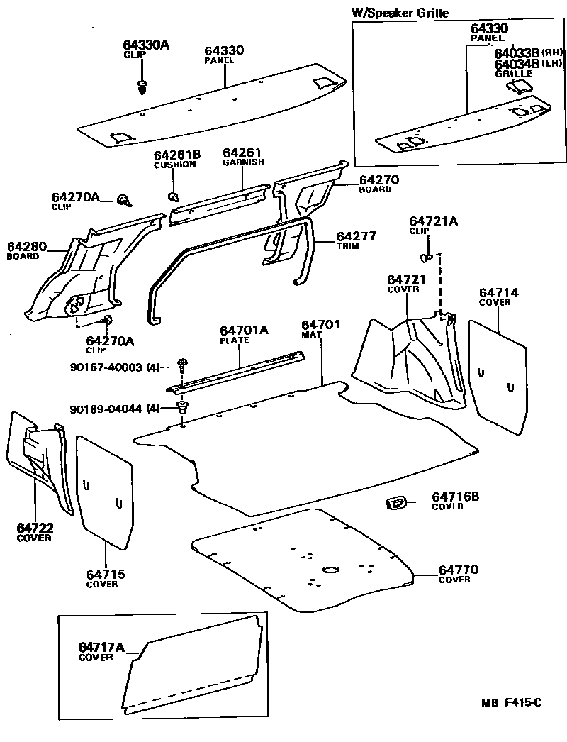 Toyota COROLLA 杂物箱板和行李箱垫 EPC diagram — MBF415C