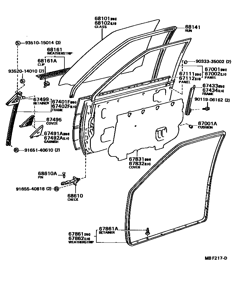 Toyota COROLLA 前门板和前门玻璃 EPC diagram — MBF217D
