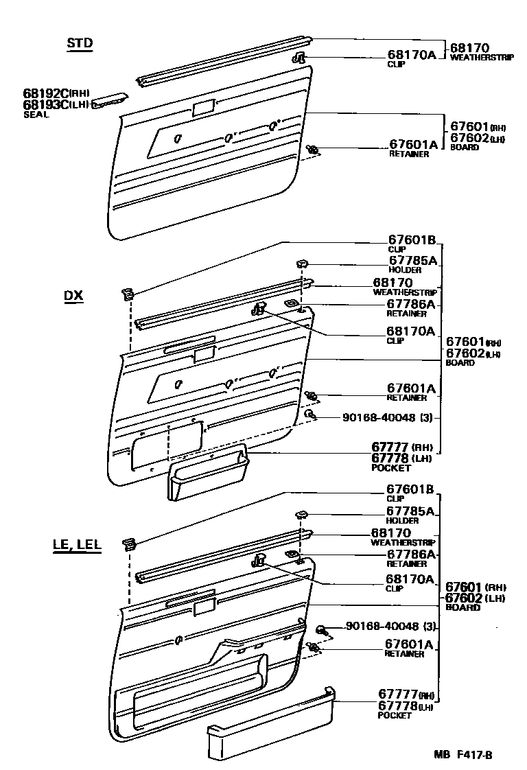 Toyota COROLLA 前门板和前门玻璃 EPC diagram — MBF417B
