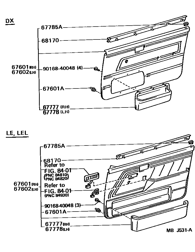 Toyota COROLLA 前门板和前门玻璃 EPC diagram — MBJ531A