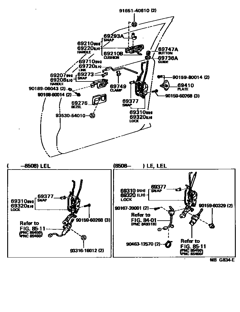 Toyota COROLLA 前门锁和车门把手 EPC diagram — MBG834E