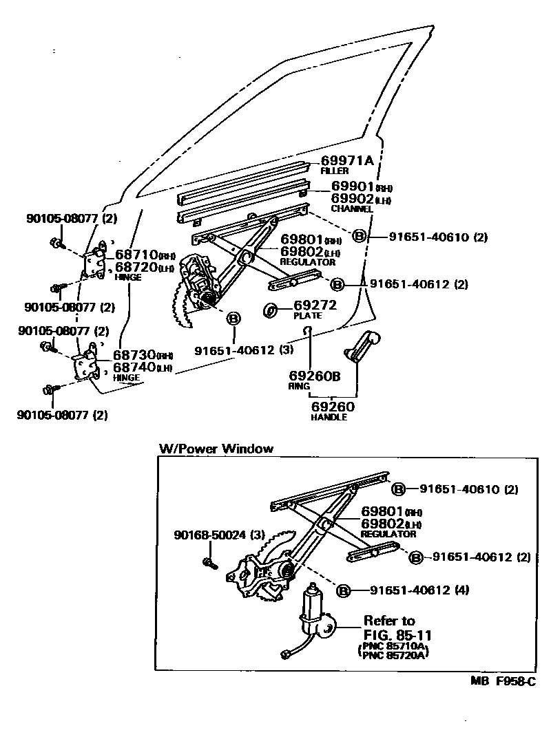 Toyota COROLLA 前门车窗升降器和合页 EPC diagram — MBF958C
