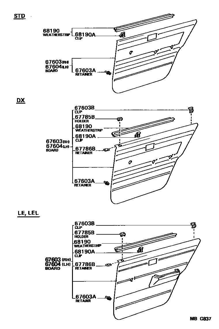 Toyota COROLLA 后门板和后门玻璃 EPC diagram — MBG837