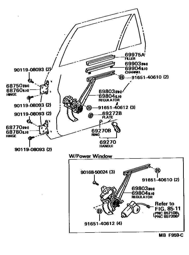 Toyota COROLLA 后门车窗升降器和合页 EPC diagram — MBF959C