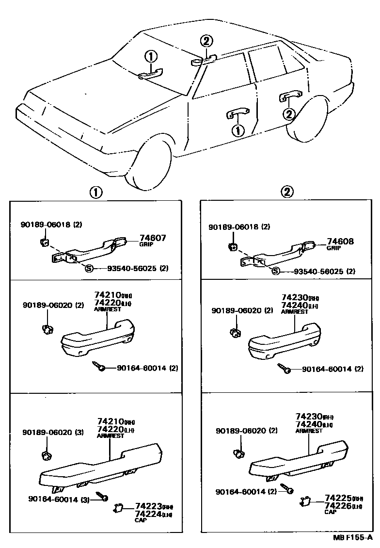 Toyota COROLLA 扶手和遮阳板 EPC diagram — MBF155A