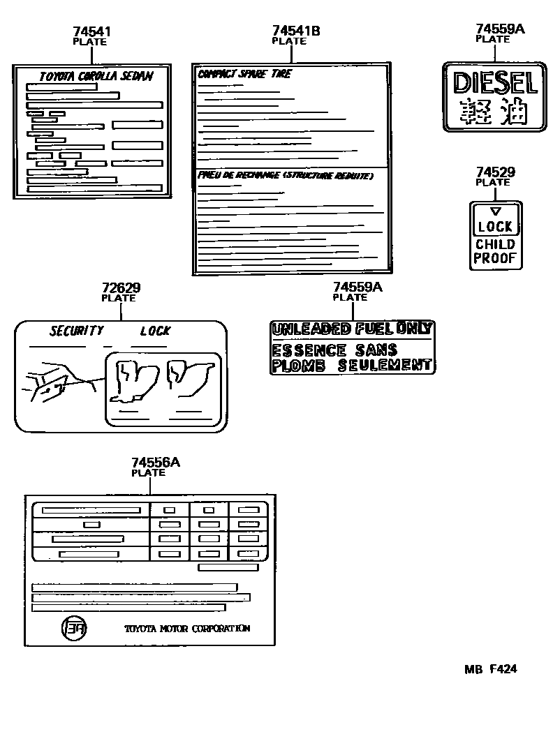 Toyota COROLLA 警示铭牌(车外和车内) EPC diagram — MBF424
