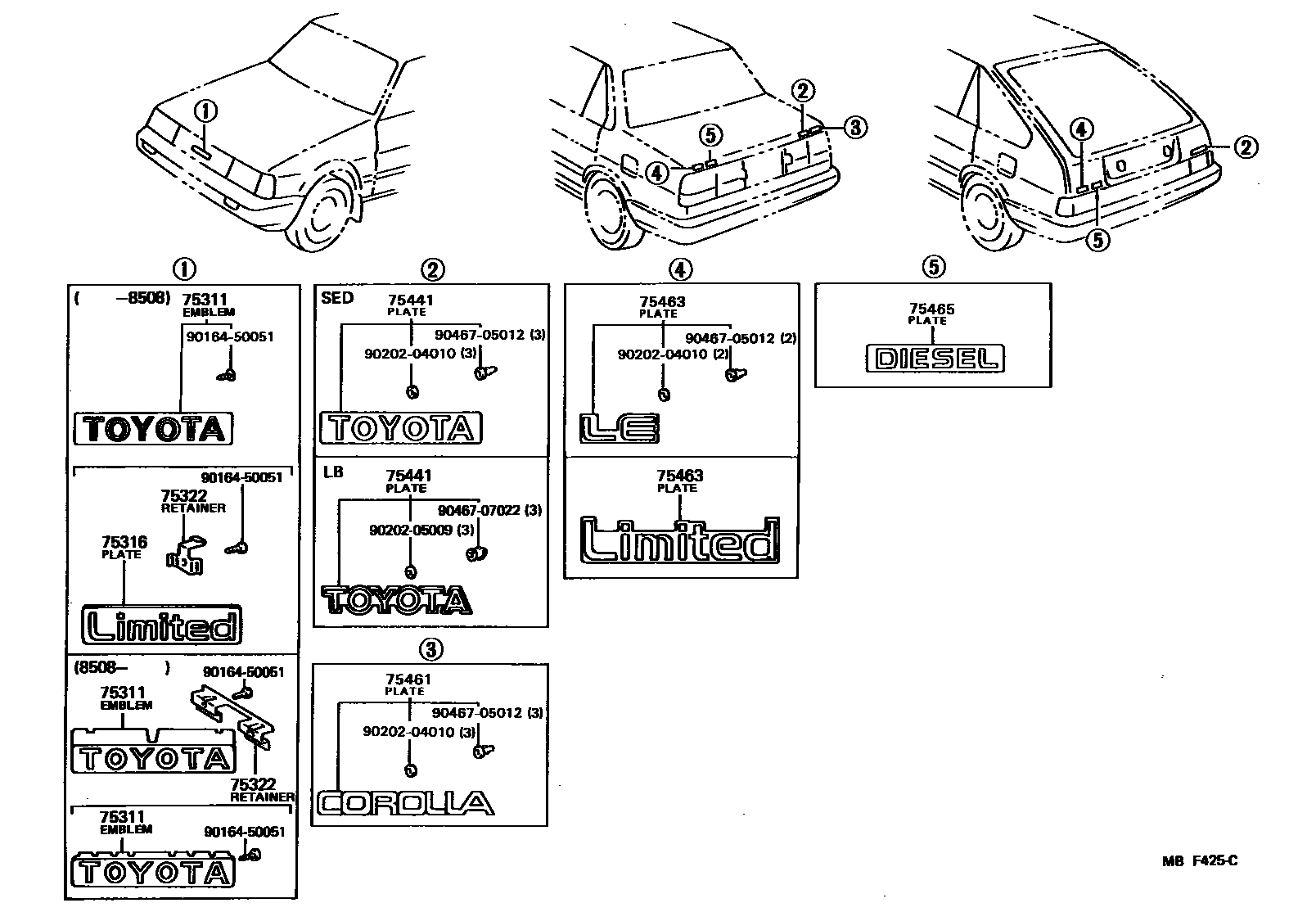 Toyota COROLLA 丰田徽标和铭牌(车外和车内) EPC diagram — MBF425C
