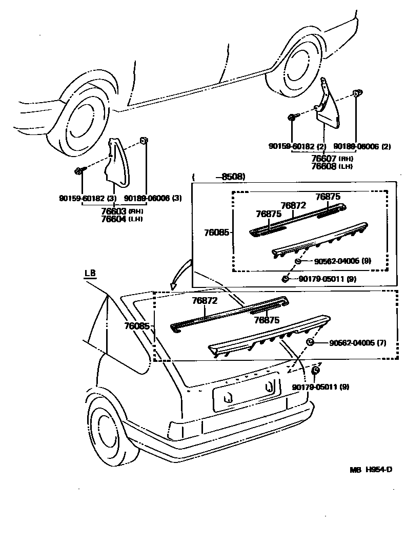 Toyota COROLLA 挡泥板和扰流板 EPC diagram — MBH954D