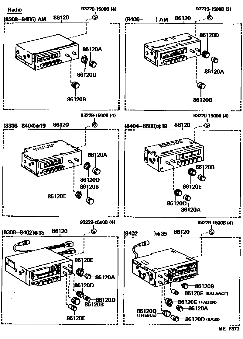 Toyota COROLLA 收音机、放大器和冷凝器 EPC diagram — MEF873